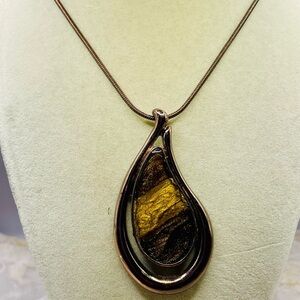 Gold and Brown Enamel Teardrop Pendant on a Copper Tone Necklace. 16 inches